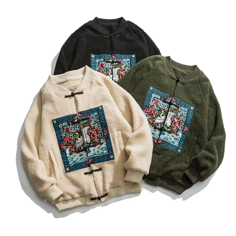 Crane Embroidery Dreamless Chinese Style Men's Winter Thickened Lamb Wool Stand-up Collar Cotton-Padded Coat Couple