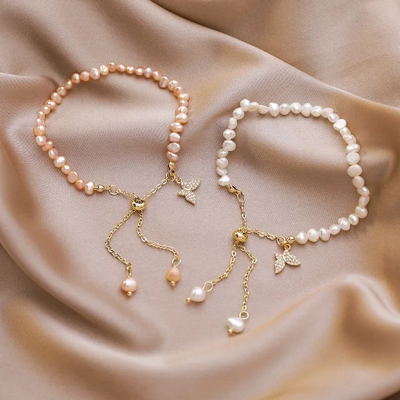

Small Fresh 14k Real Gold Micro-inlaid Zircon Butterfly Bracelet Ins Wind French Freshwater Pearl Bracelet Temperament Bracelet