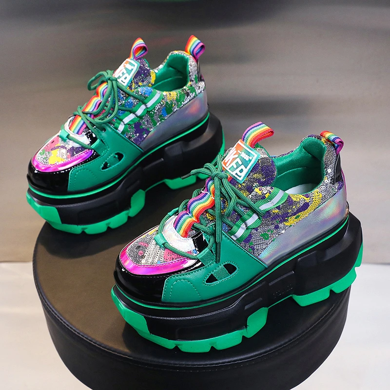 

New Black Dad Chunky Sneakers Casual Vulcanized Shoes Woman High Heels Platform Sneakers Lace Up Sequins Sneakers Women 2021