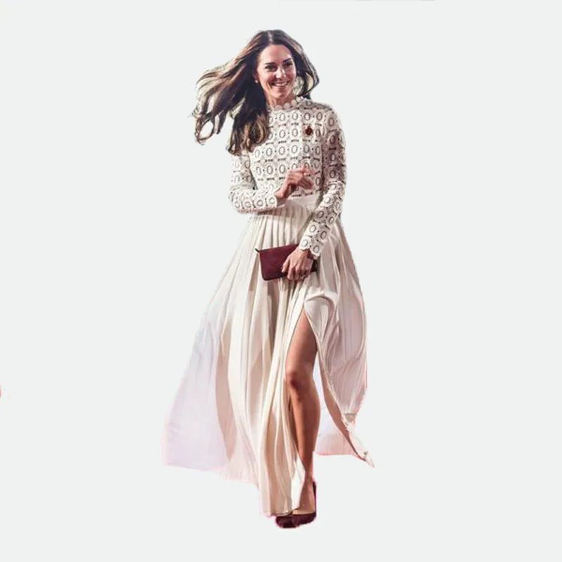 

Women's lace stitching Korean hemp pregnant women fluttering pleated skirt long-sleeved photography dress