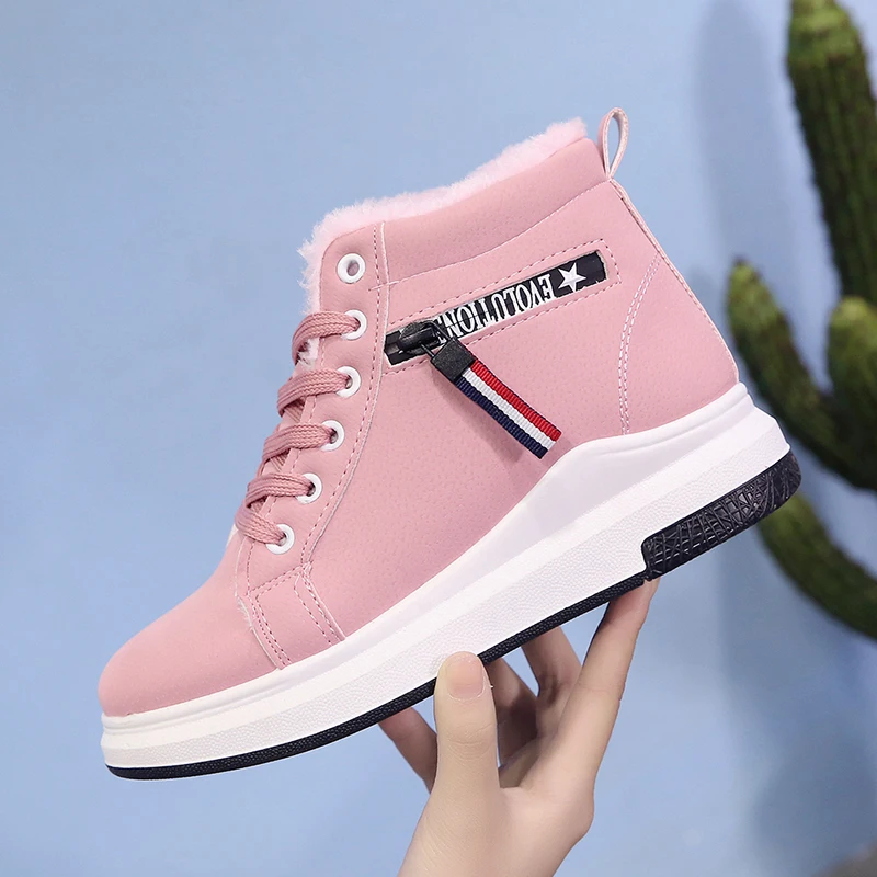 Pink Короткие Плюшевые кроссовки на платформе со шнуровкой; Новинка; сезон осень-зима; обувь на танкетке розового цвета; женская обувь из вулканизированной кожи; tenis feminino; повседневная женская обувь - Цвет: Pink