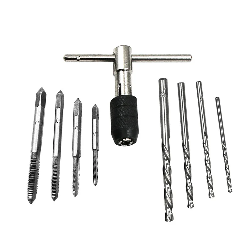 

9pc HSS Hand Tap Set M2 Twist Drill Bits T-Handle Wrench hread Reamer M3-M6 Taps For Wood Soft Metal Aluminum PCB