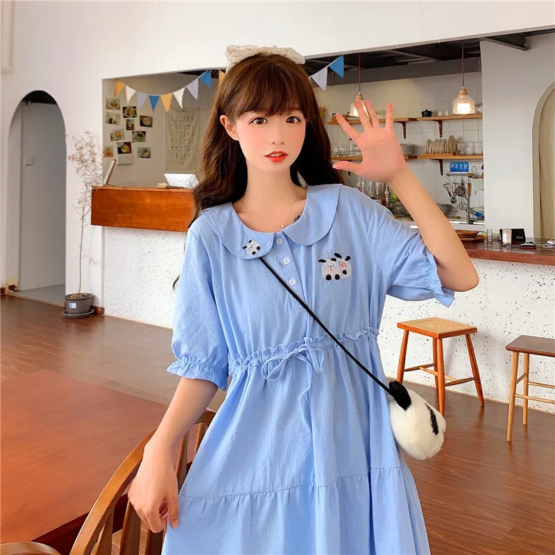 

Kawaii Women Lolita Dresses 2021 Japanese Sweet Sailor Collar Puff Sleeve Bow Soft Girl Refreshing Loose Mid-Calf Ladies Dress