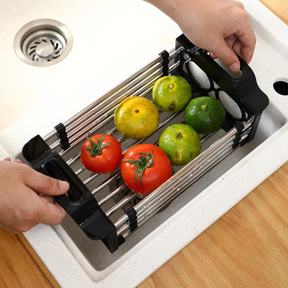 

Stainless Steel Home Kitchen Sink Strainer With Handles Storage Shelf Telescopic Drain Basket Drying Rack Dishwasher Safe