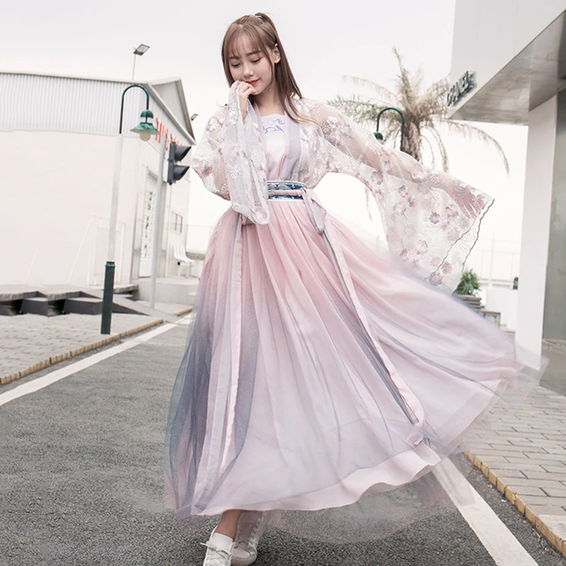 Китайский традиционный розовый Hanfu для женщин хлопок хан элемент юбка элегантный