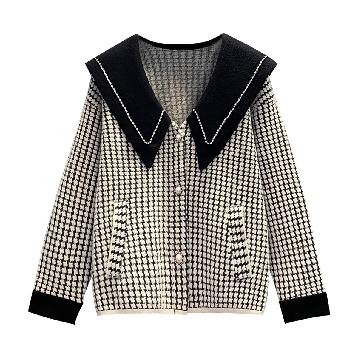 

Plus Size Winter Vintage Sweet Knitted Houndstooth Cardigan Jacket Women Long Sleeve Peter Pan Collar Pearl Buttons Sweater Coat