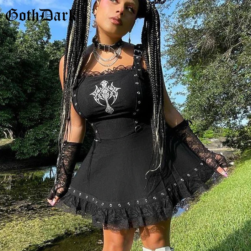 

Goth Dark Punk Grunge Aesthetic Black Women Dresses Mall Gothic Eyelet Lace Patchwork Mini Partywear egir Emo Strap Alt Clothes