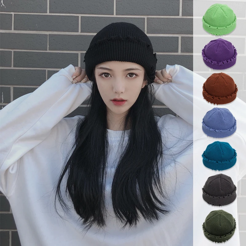 

Fashion Hip Hop Hole Beanie Knitted Hat Men Skullcap Women Winter Warm Brimless Melon Cap Cuff Docker Fisherman Beanies Hats