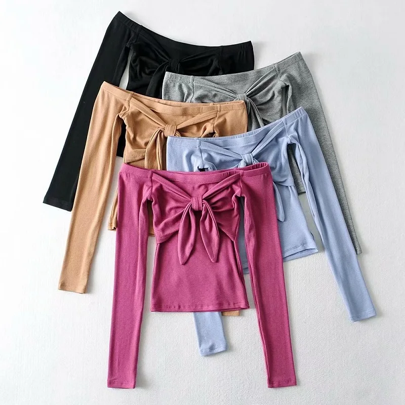 

Осенне-зимняя футболка, женская модная Однотонная футболка с бантом, с открытыми плечами, с длинным рукавом, тонкая Винтажная футболка, топы...