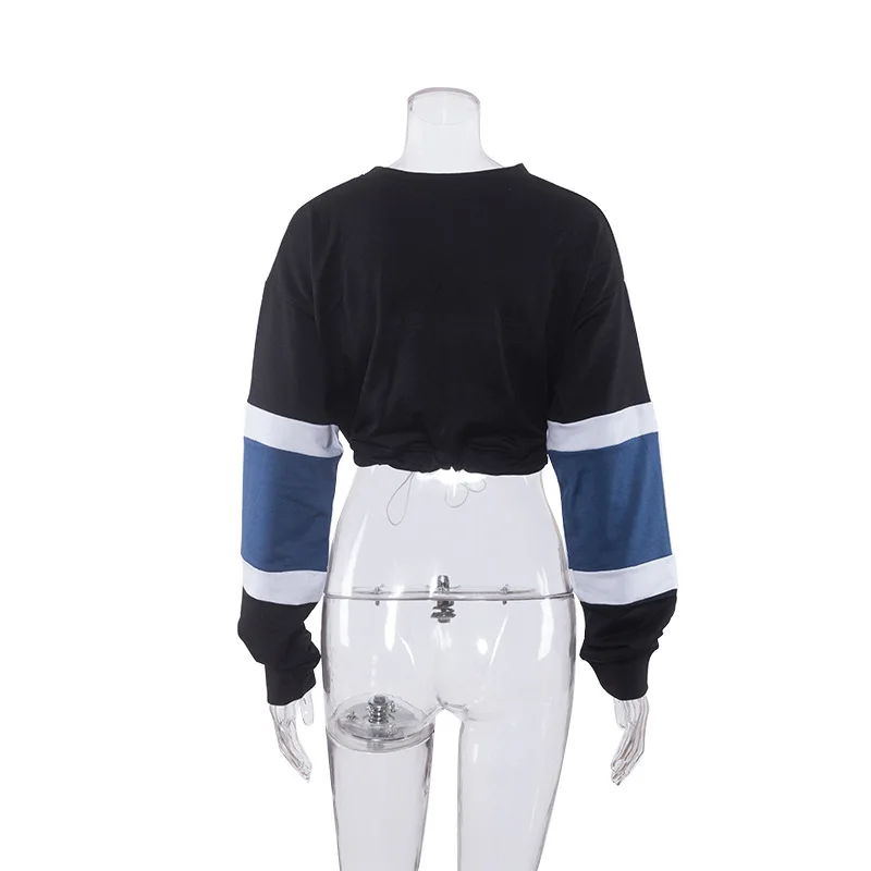 

Ladies Fashion Sweatshirt Spring Autumn O-neck Long Sleeve Loose Casual Short Top Drawstring Patchwork Crewneck Sweatshirt Top