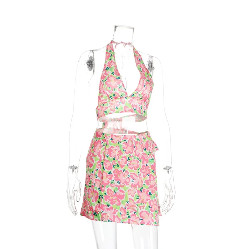 

Boho Skirt Suit Women Summer Floral Print Wrapped Chest Vest V Neck Halter Bandage & High Waist Skirt Fashion Casual Set Beach
