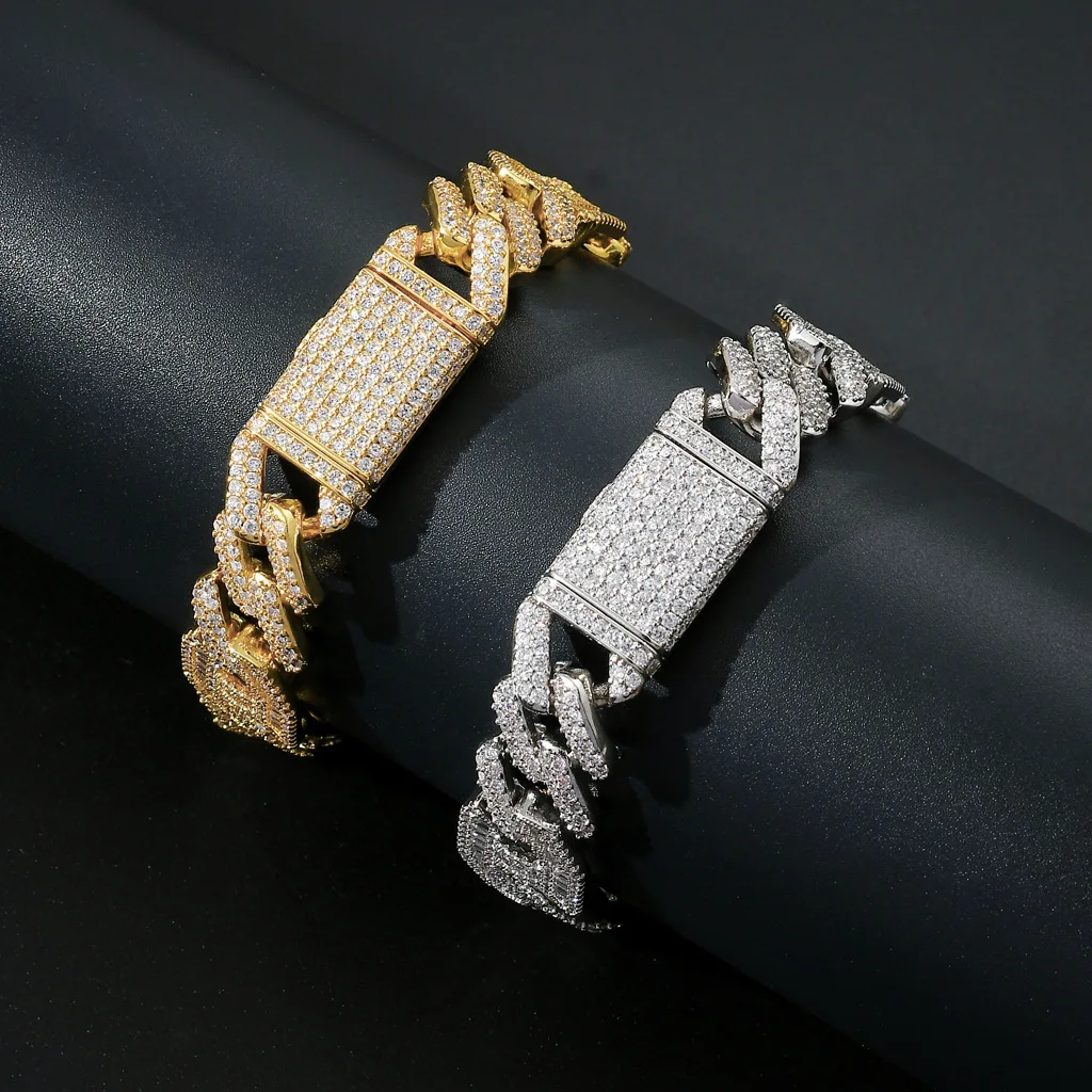 

Hip Hop 15MM Heavy Gold Jewelry Curb Chain Iced Out Box Buckle Copper 5A+ CZ 14K Real Gold Plating Chain Bracelet for Men Women