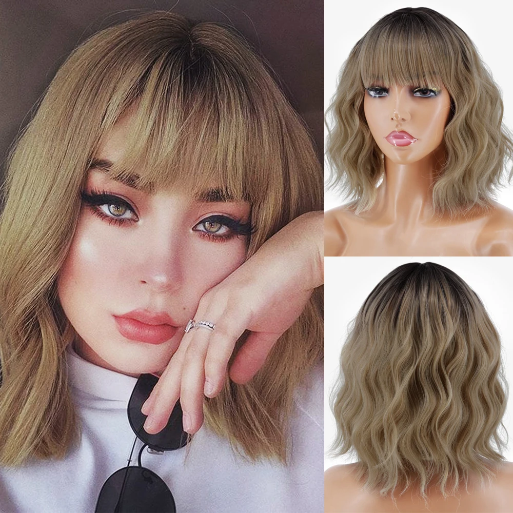 

LINGHANG Short Platinum Blonde Ombre Wavy Wig with Bangs for Women Cosplay Middle Part Wigs Natural Looking for Daily Use