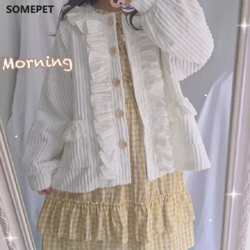 

Autumn Japanese Soft Girls Preppy Style Ruffles Loose Coats Women Spring Cute Chic Lantern Long Sleeve Corduroy Cardigan Jackets