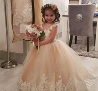 long champagne flower girls dresses for wedding 2021 ball gown sheer o neck lace appliques holy pageant communion dress