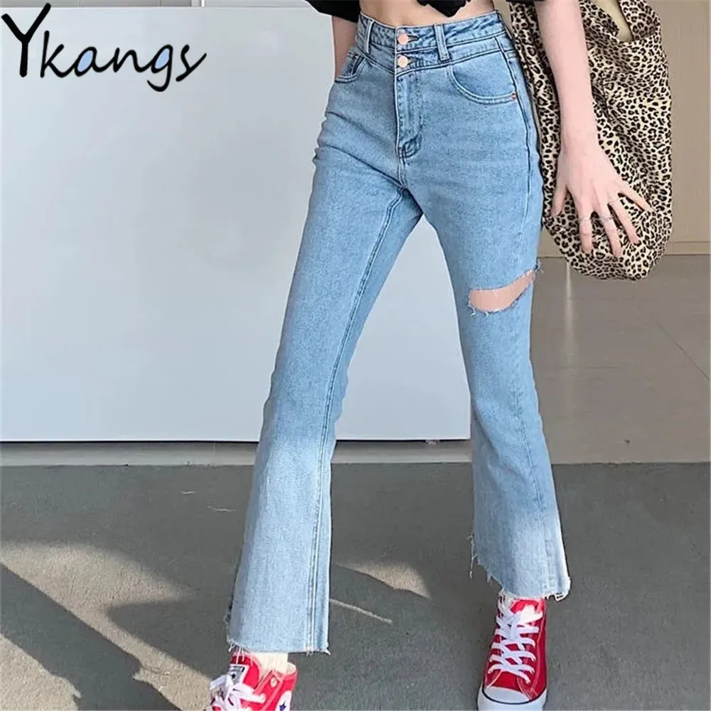 

Asymmetric Ripped Hole Slimming Boots Cut Jeans Women Desigual High Waist Skinny Stretch Denim Pants Korean Fashion Blue Trouser