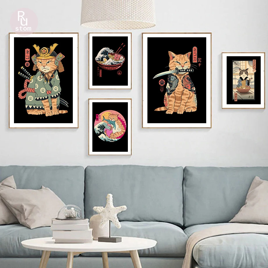 

Samurai Cat Sushi Ramen Noodles Kimono Wall Art Canvas Painting Nordic Posters And Prints Wall Pictures For Living Room Decor