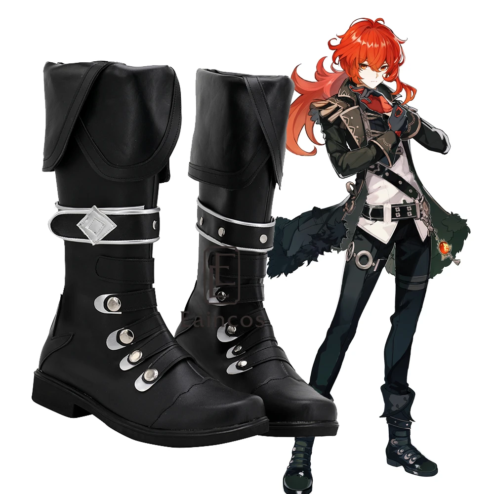 Game Genshin Impact Diluc Cosplay Shoes Black Boots Custom-made Costume Accessories |