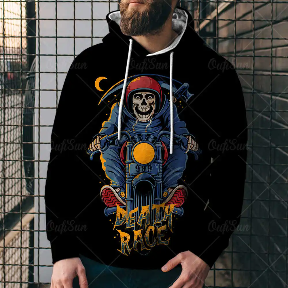 

Motorcycle Skull Pattern Oversized Men/Women Hoodie Spring And Autumn Fashion Skeleton Print Sweatshirts Loose Hooded Streetwear
