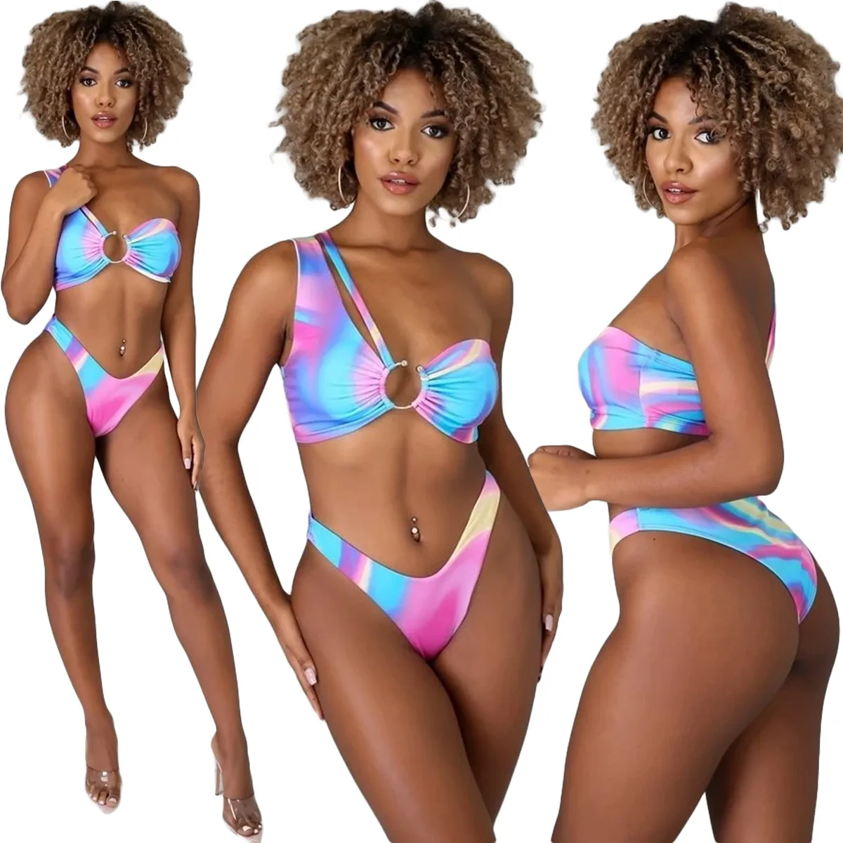 

Echoine Large Size Tie-dye One-shoulder Separated Sexy Bikini Swimsuit Bathing Suits Woman 2 Piece Set Women