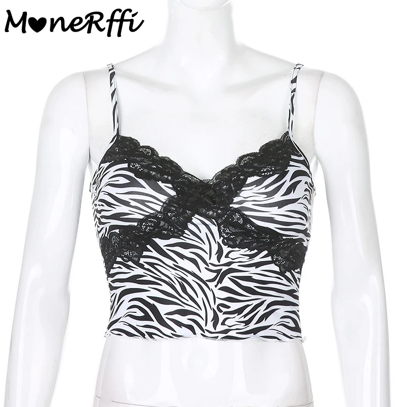 

MoneRffi Zebra Printed Lace Y2K Summer Crop Top Patchwork V-neck Sexy Sleeveless 90s Top Backless Bow Fashion Camis Femme Tops