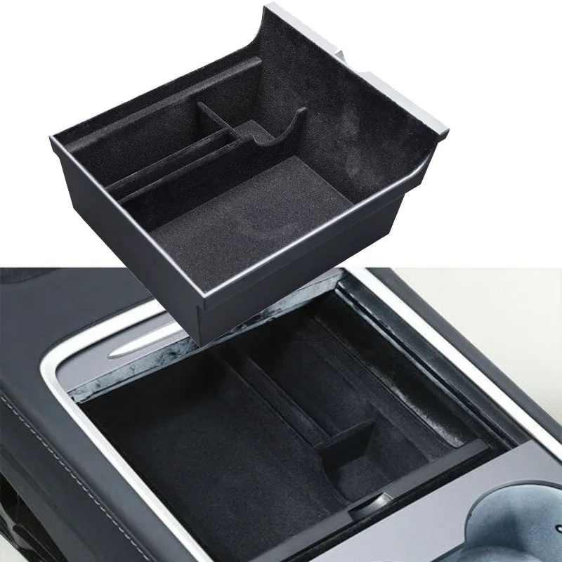 

Car Armrest Box Storage Organizer Flocking Center Console Containers Storage Box Console Holder for Tesla Model 3 2021
