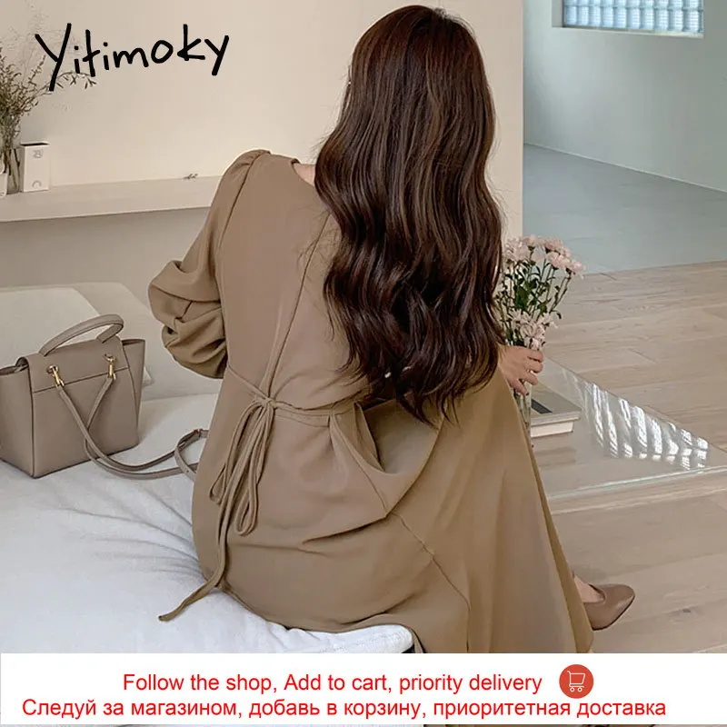 

Yitimoky Bandage Dresses Women Fashion Clothing Puff Sleeve Square Collar Party Plus Size Long Dress New Spring 2021 Casual