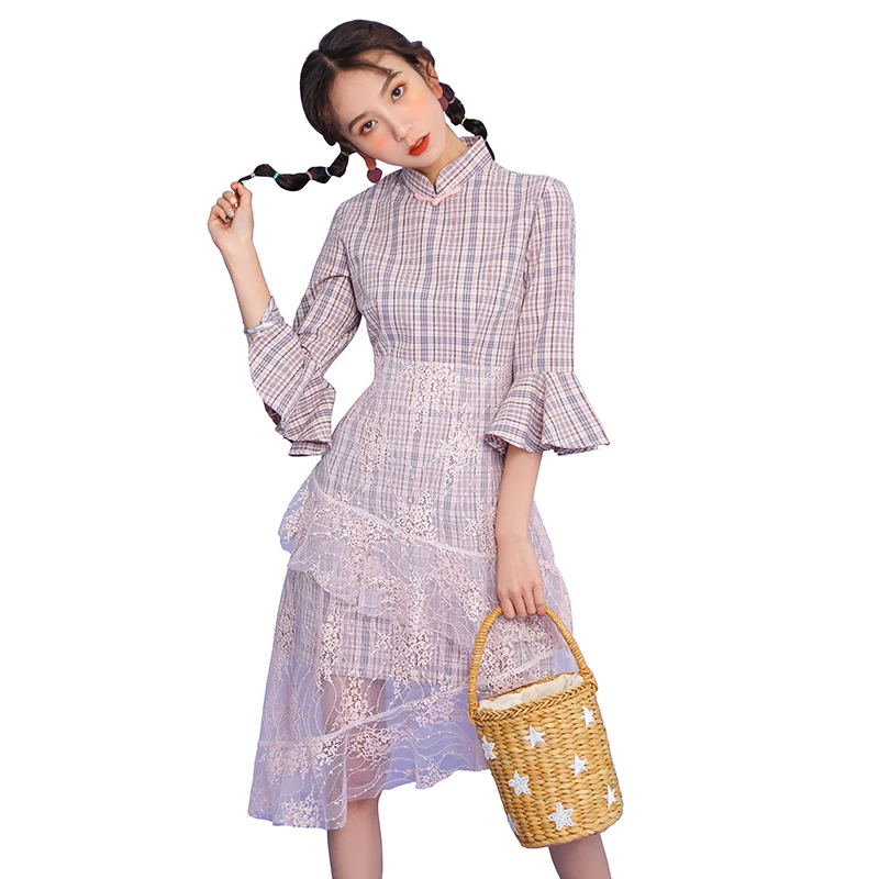 Элегантное китайское стильное улучшенное женское платье cheongsam с коротким рукавом и сеткой, женское классическое восточное платье aodai