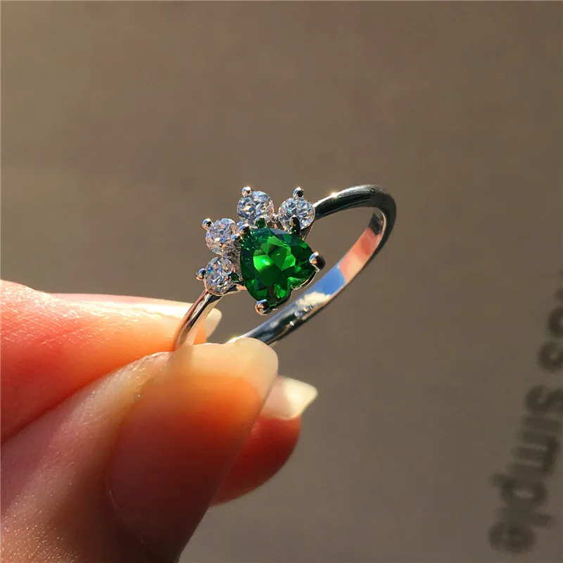 Green Милое женское кольцо с зеленым синим цирконием, модное серебряное кольцо с собачкой, кошкой, медведем, лапой, когтями, сердце, обручальное кольцо для женщин - Цвет основного камня: Green