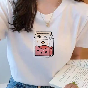 2021Cute Drink Print O-neck Harajuku Vintage Tshirt Female Aesthetic Kawaii Short Sleeve New Style White Beautiful Summer Casual