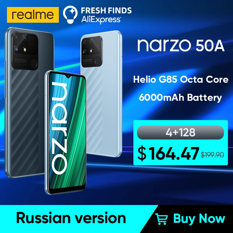 realme Narzo 50A Новый смартфон Helio G85 Octa-core 6000mAh Mega Battery 50MP AI Triple Camera 6.5 ”Mini-drop Fullscreen NFC |