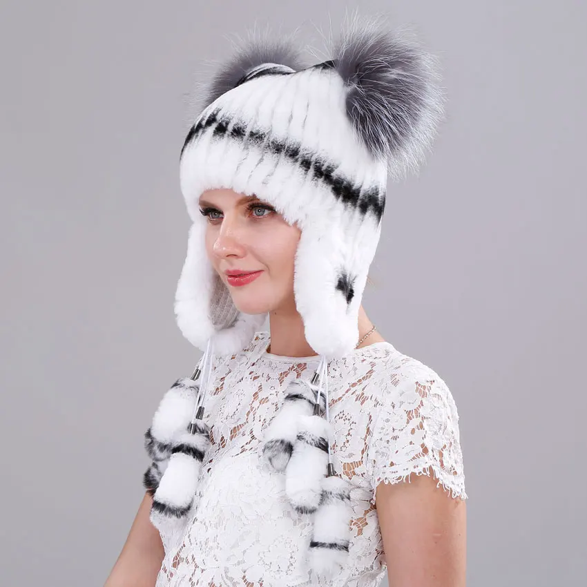 

Elastic Knitted Rex Rabbit Fur Beanies Handmade Real Fur Hat with Fox Fur Ears Genuine Fur Snow Cap Bonnets for Women Designer