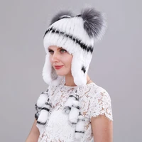elastic knitted rex rabbit fur beanies handmade real fur hat with fox fur ears genuine fur snow cap bonnets for women designer