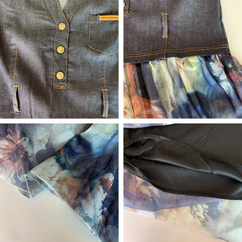 

Women Casual Dress Denim Chiffon Patchwork Floral Print Short-sleeve V-neck Vintage A-line Fall Fashion Female Maxi Long Robe