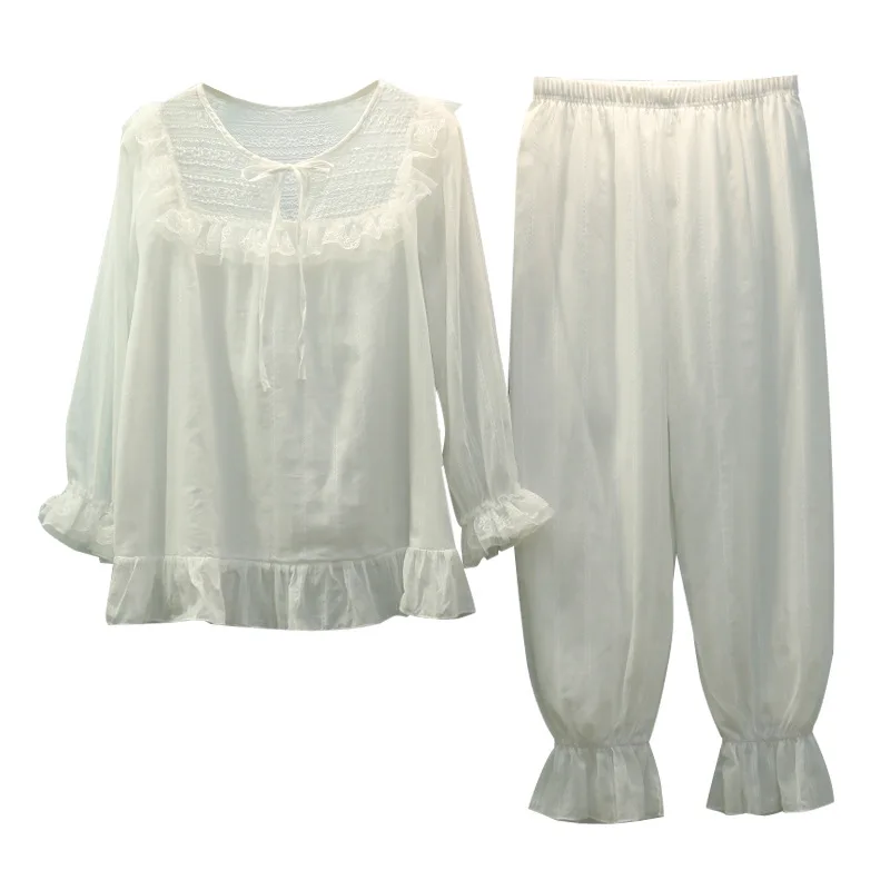 

Autumn and Winter Women's Pajamas Korean Style Lace Plus Size Pajamas Women's Twill Cotton Pure White Princess Casual Home Wear