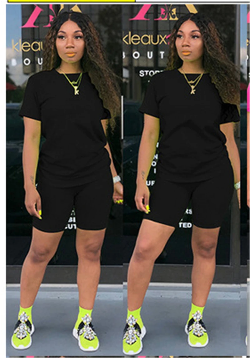 

Solid Color Tracksuit Women Two Piece Set Summer Clothes O Neck Basic T shirt Top and Biker Shorts Sports Jogging Suit Outfits