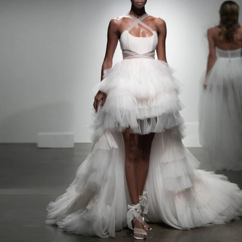 Белая Асимметричная Свадебная фатиновая юбка с оборками Hi Low для торжественных