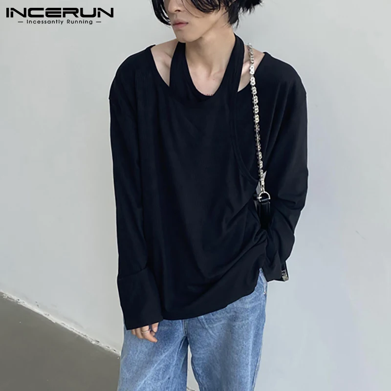 

Korean Style Handsome Men Double-layer Camiseta Stylish Casual INCERUN Male Fake Two-piece Long-sleeved T-shirt S-5XL Tops 2021