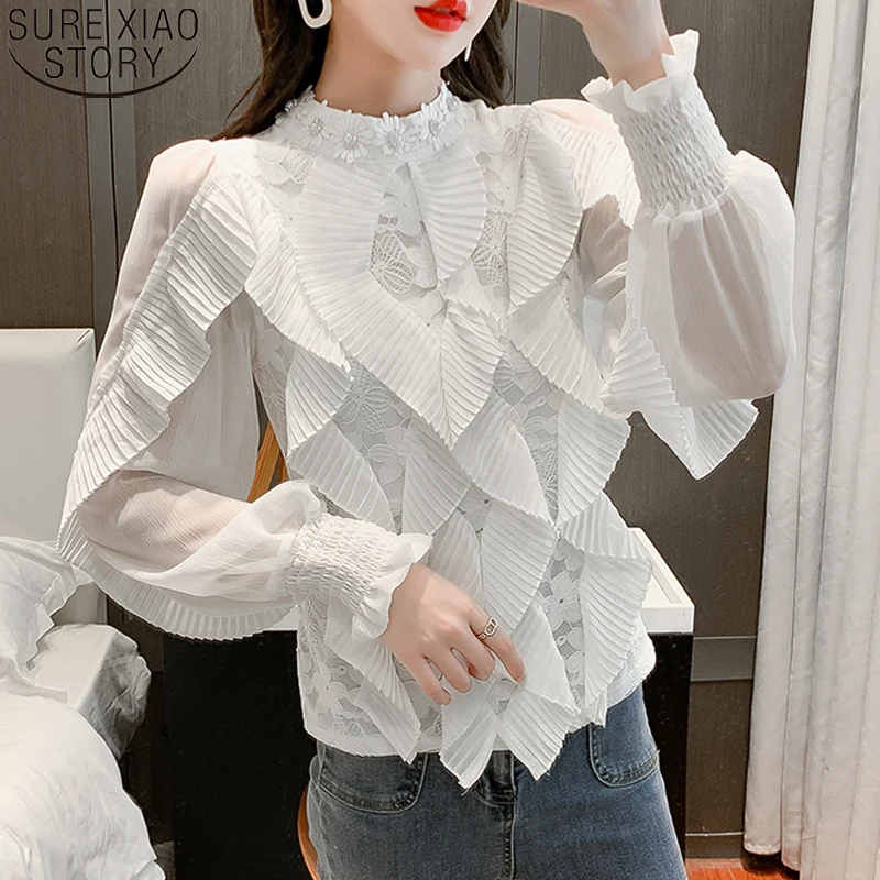 2021 Autumn Winter Fashion Lace Blouse Long Sleeve Slim Floral Lace Shirt Womens Tops and blouses Elegant Plus Size Tops 801G 25