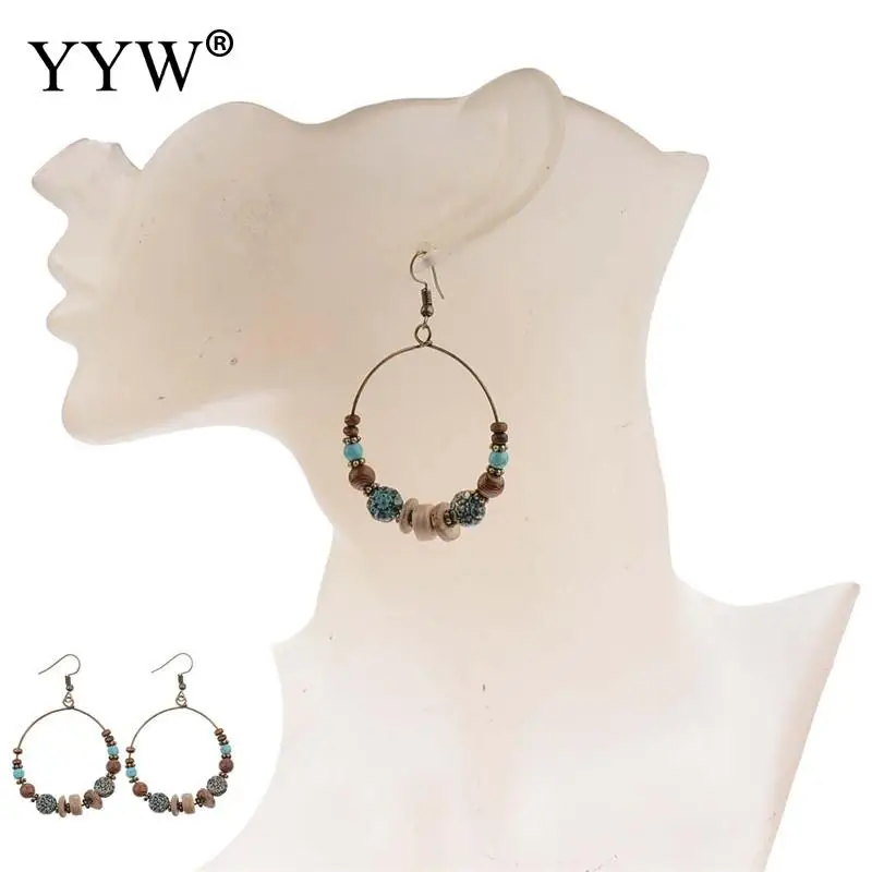 2019 полые круглые бирюзовые деревянные бусины Женские Висячие серьги в богемном