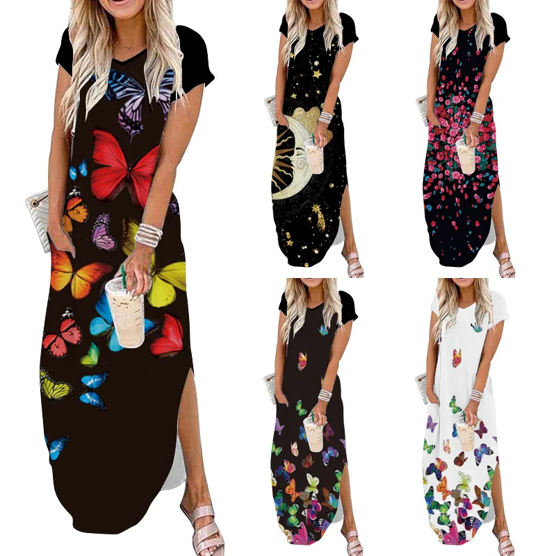 

Summer Short Sleeve Print Long Dress Casual Pockets Dress Oversized 5XL Women Vintage Floral Maxi Dress 2021 New Vestidos Mujer