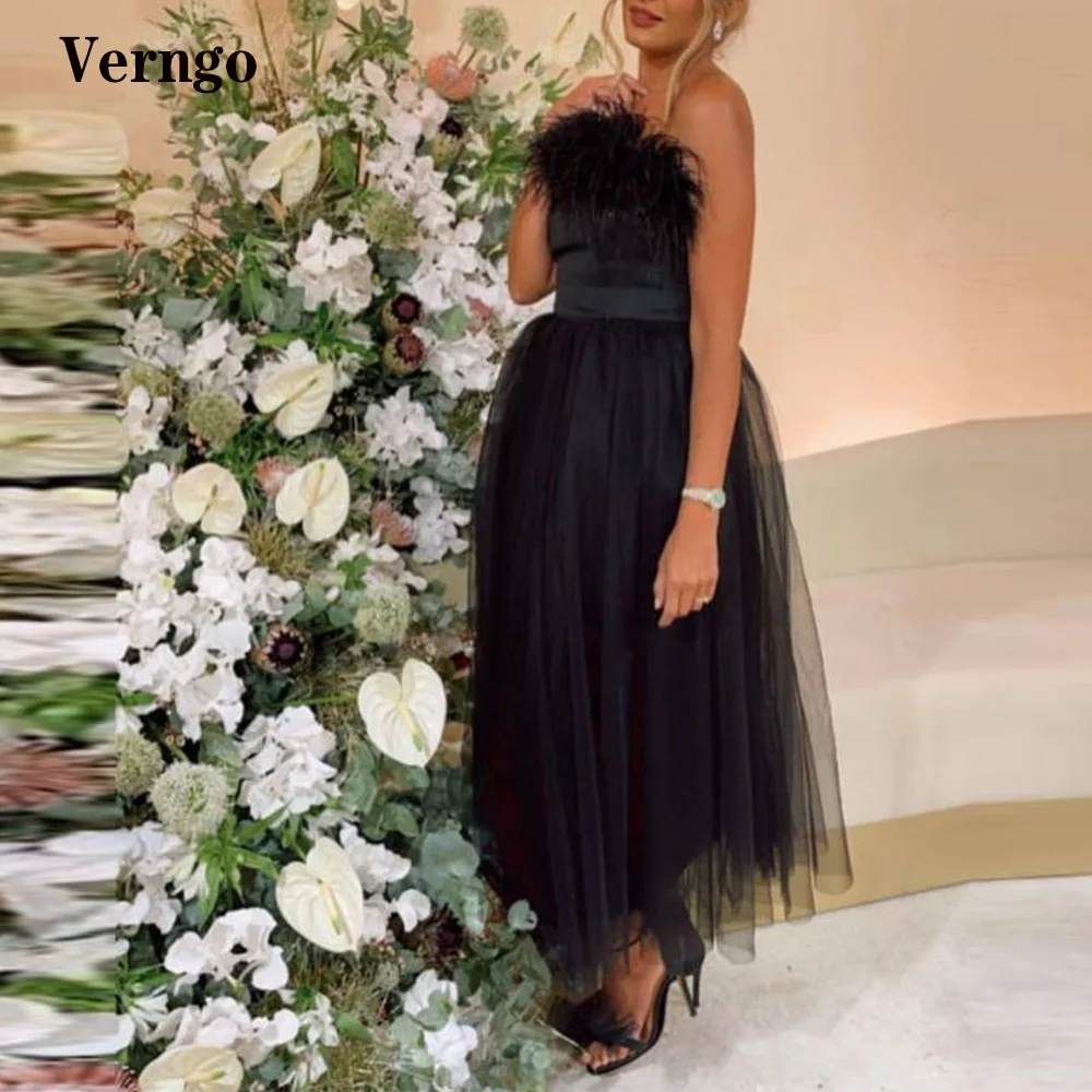 

Verngo Black Tulle Feather Prom Dresses Strapless Sash Ankle Length Evening Gowns Women Simple Formal Occasion Dress