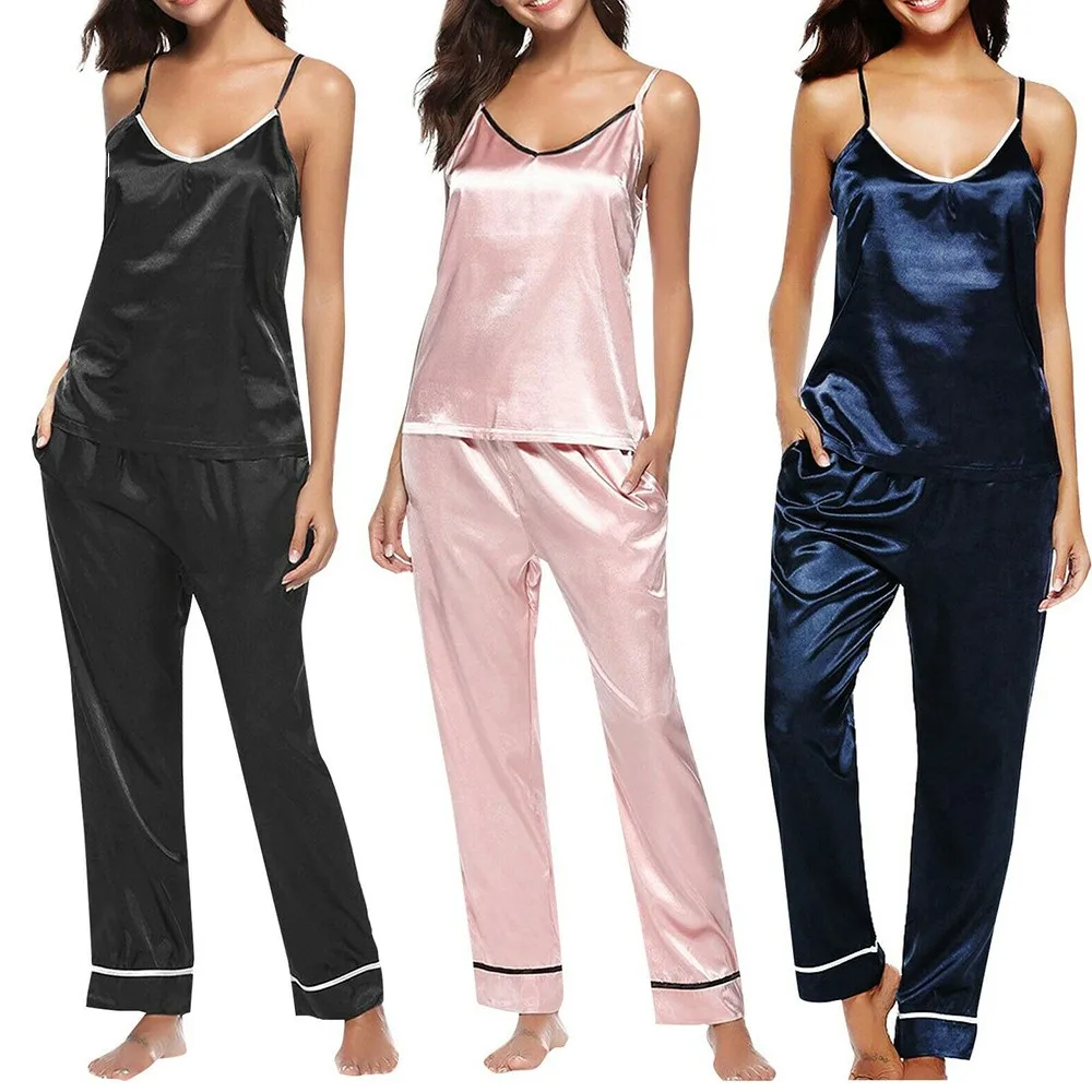 

Pajamas Print Summer Two Piece Set Top Pants Sleepwear Sleeveless Faux Silk Satin Women V-neck Sexy Nightwear