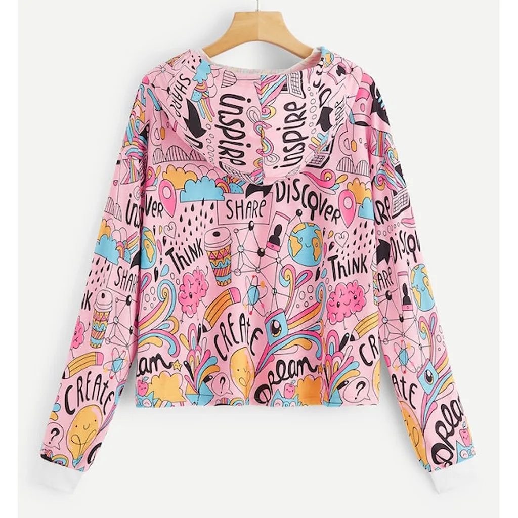 

Womens' Graffiti Print Blouse Long Sleeve Drawstring Hoodie Sweatshirt Female Fashion Casual Tops Autumn Winter Blouse