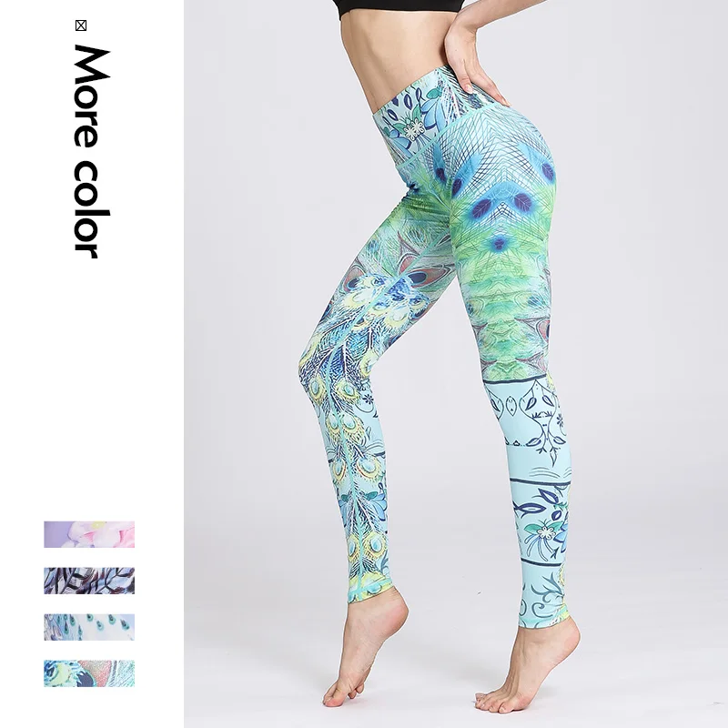 Новинка колготки Пуш-ап с 3D рисунком павлиньих перьев женские брюки для фитнеса