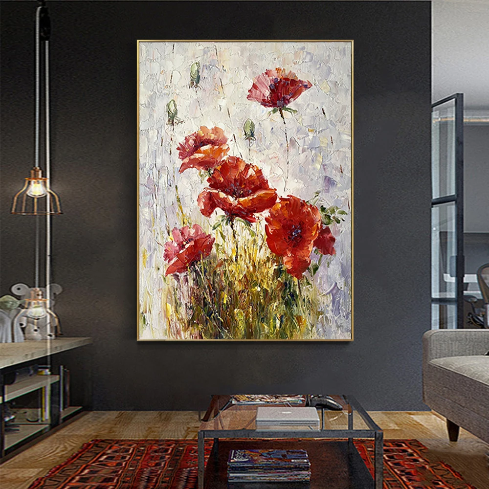 

Handmade Thick Texture Oil Paintings Large Salon Dcoration Picture Hand Painted Canvas Abstract Red Flower Oil Painting Artwork