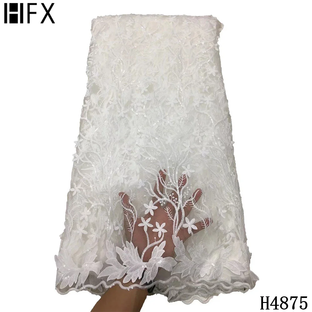 

HFX Yellow African Tulle Lace Fabric 2021 High Quality Sequin Embroidered Nigerian French Mesh Lace Fabrics For Wedding F4875