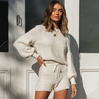 knitted two piece set women o neck lantern sleeve sweater lace up shorts suits female 2020 autumn long sleeve blouse clothes