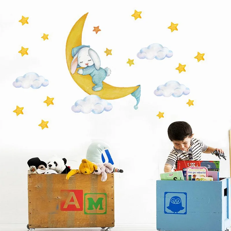 

Cute Elephant Bunny Wall Stickers For Kids Room Decoration Cartoon Moon Stars Wall Sticker For Toddler Baby Bedroom Decoration