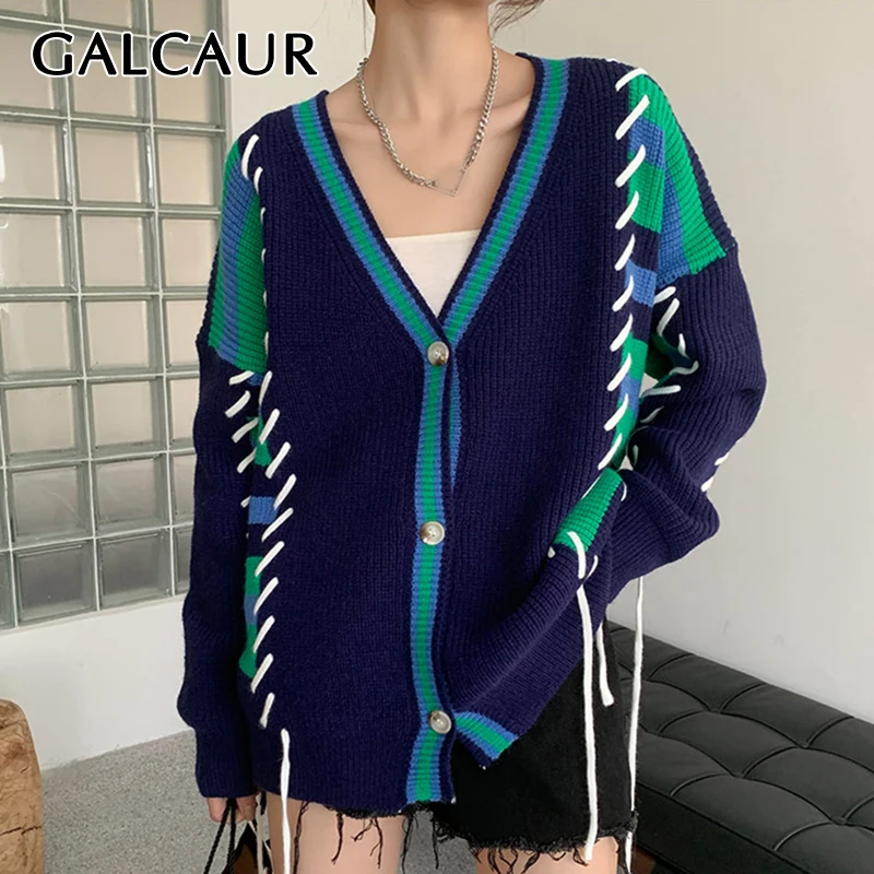 

GALCAUR Korean Fashion Sweater For Women V Neck Long Sleeve Single Breasted Knitting Cardigan Female Clothing 2021 Autumn New